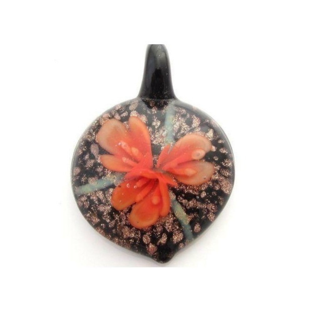 Orange, Black, Copper, Green Floral Shaped Flower Hand Blown Glass Pendant
